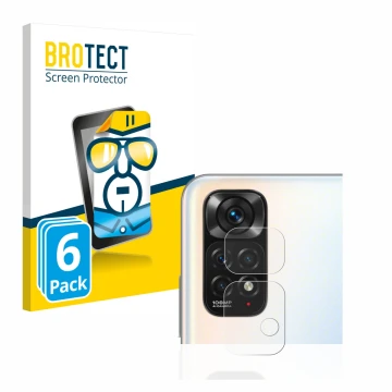 Face avant d’un emballage produit avec le logo de la marque BROTECT. À côté, l’appareil Xiaomi Redmi Note 11S (Caméra UNIQUEME