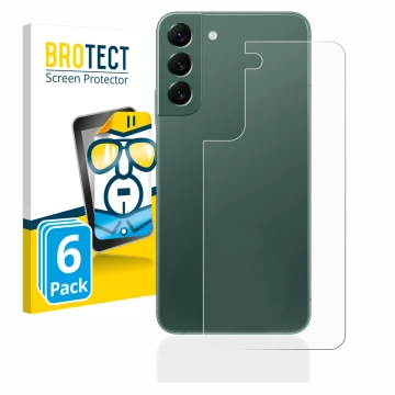 Face avant d’un emballage produit avec le logo de la marque BROTECT. À côté, l’appareil Samsung Galaxy S22 Plus 5G (Arrière) e