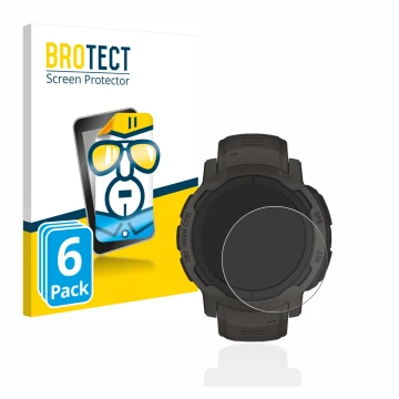 Face avant d’un emballage produit avec le logo de la marque BROTECT. À côté, l’appareil Garmin Instinct 2 est représenté avec 