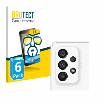 Face avant d’un emballage produit avec le logo de la marque BROTECT. À côté, l’appareil Samsung Galaxy A53 5G (Caméra UNIQUEME