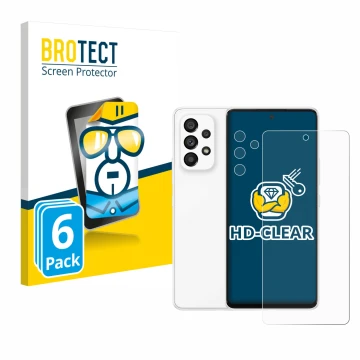 Face avant d’un emballage produit avec le logo de la marque BROTECT. À côté, l’appareil Samsung Galaxy A53 5G (Avant+Caméra) e
