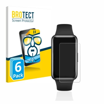 Face avant d’un emballage produit avec le logo de la marque BROTECT. À côté, l’appareil Huawei Band 7 est représenté avec la p
