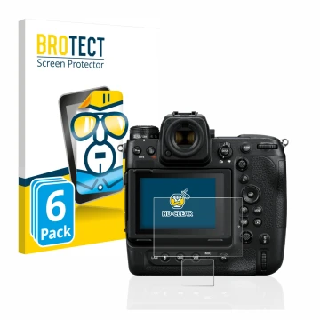 Face avant d’un emballage produit avec le logo de la marque BROTECT. À côté, l’appareil Nikon Z 9 (Affichage + affichage des é