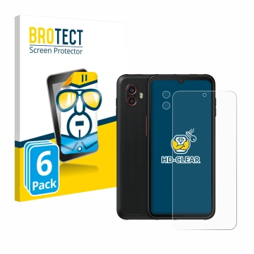 Face avant d’un emballage produit avec le logo de la marque BROTECT. À côté, l’appareil Samsung Galaxy Xcover 6 Pro (Avant+Cam
