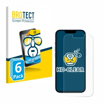 Face avant d’un emballage produit avec le logo de la marque BROTECT. À côté, l’appareil Apple iPhone 14 est représenté avec la