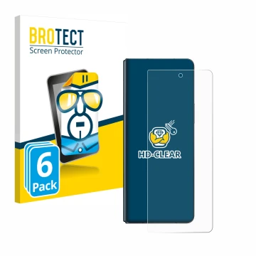 Face avant d’un emballage produit avec le logo de la marque BROTECT. À côté, l’appareil Samsung Galaxy Z Fold 4 est représenté