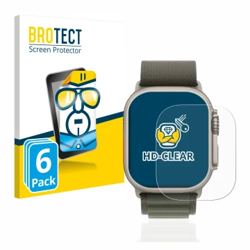 Face avant d’un emballage produit avec le logo de la marque BROTECT. À côté, l’appareil Apple Watch Ultra (49 mm) est représen
