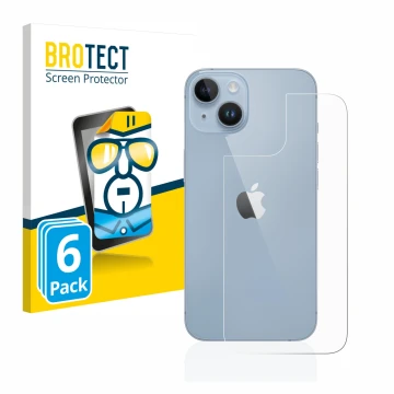 Face avant d’un emballage produit avec le logo de la marque BROTECT. À côté, l’appareil Apple iPhone 14 (Arrière) est représen