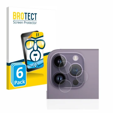 Face avant d’un emballage produit avec le logo de la marque BROTECT. À côté, l’appareil Apple iPhone 14 Pro Max (Caméra UNIQUE