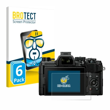 Face avant d’un emballage produit avec le logo de la marque BROTECT. À côté, l’appareil Olympus OM System OM-5 est représenté 