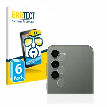 Face avant d’un emballage produit avec le logo de la marque BROTECT. À côté, l’appareil Samsung Galaxy S23 (Caméra UNIQUEMENT)