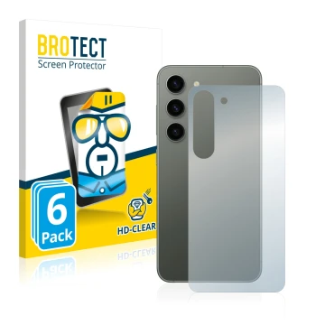Face avant d’un emballage produit avec le logo de la marque BROTECT. À côté, l’appareil Samsung Galaxy S23 Plus (Arrière) est 