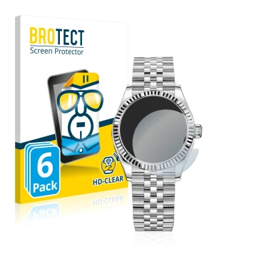 Face avant d’un emballage produit avec le logo de la marque BROTECT. À côté, l’appareil Rolex Datejust 31 est représenté avec 