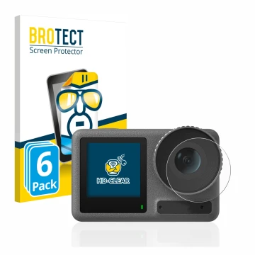 Face avant d’un emballage produit avec le logo de la marque BROTECT. À côté, l’appareil DJI Osmo Action 3 (Lentille) est repré