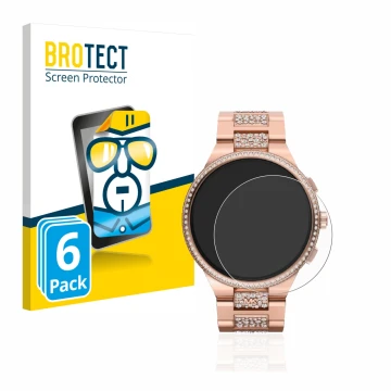 Face avant d’un emballage produit avec le logo de la marque BROTECT. À côté, l’appareil Michael Kors Camille Gen 6 MKT5147 est