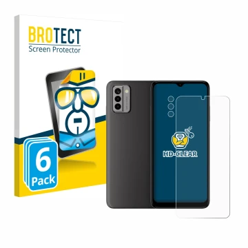 Face avant d’un emballage produit avec le logo de la marque BROTECT. À côté, l’appareil Nokia G22 (Avant+Caméra) est représent