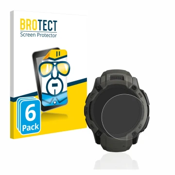Face avant d’un emballage produit avec le logo de la marque BROTECT. À côté, l’appareil Garmin Instinct 2X Solar est représent