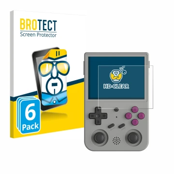 Face avant d’un emballage produit avec le logo de la marque BROTECT. À côté, l’appareil Anbernic RG353V est représenté avec la