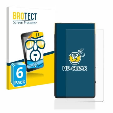 Face avant d’un emballage produit avec le logo de la marque BROTECT. À côté, l’appareil Sony Walkman NW-ZX707 est représenté a