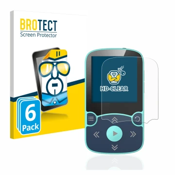 Face avant d’un emballage produit avec le logo de la marque BROTECT. À côté, l’appareil AGPtek A65X MP3 Player with clip est r