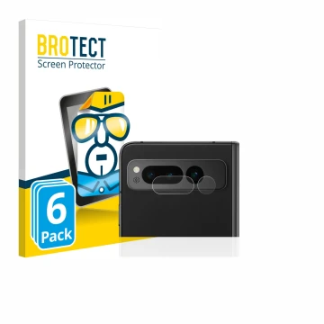 Face avant d’un emballage produit avec le logo de la marque BROTECT. À côté, l’appareil Google Pixel Fold (Caméra UNIQUEMENT) 