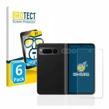 Face avant d’un emballage produit avec le logo de la marque BROTECT. À côté, l’appareil Google Pixel Fold (Avant+Caméra) est r