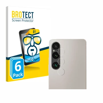 Face avant d’un emballage produit avec le logo de la marque BROTECT. À côté, l’appareil Sony Xperia 1 V (Caméra UNIQUEMENT) es