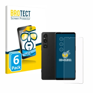 Face avant d’un emballage produit avec le logo de la marque BROTECT. À côté, l’appareil Sony Xperia 1 V (Avant+Caméra) est rep