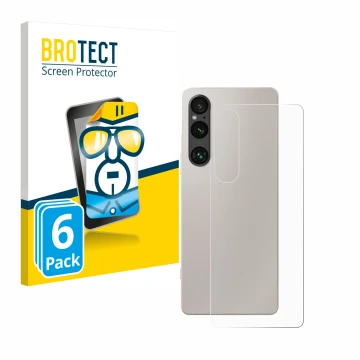 Face avant d’un emballage produit avec le logo de la marque BROTECT. À côté, l’appareil Sony Xperia 1 V (Arrière) est représen