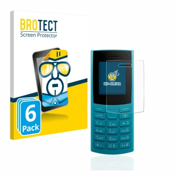 Face avant d’un emballage produit avec le logo de la marque BROTECT. À côté, l’appareil Nokia 105 4G (2023) est représenté ave
