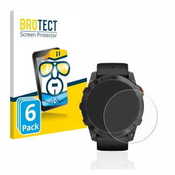 Face avant d’un emballage produit avec le logo de la marque BROTECT. À côté, l’appareil Garmin Fenix 7X Pro Solar (51 mm) est 