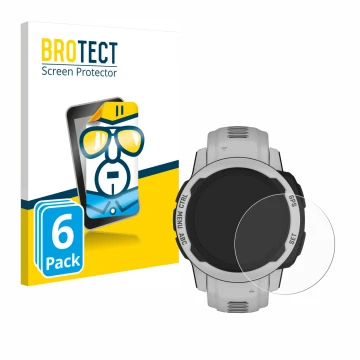 Face avant d’un emballage produit avec le logo de la marque BROTECT. À côté, l’appareil Garmin Instinct 2S Solar (40 mm) est r