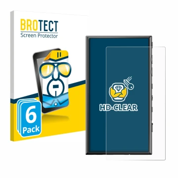 Face avant d’un emballage produit avec le logo de la marque BROTECT. À côté, l’appareil Sony Walkman NW-A306 est représenté av