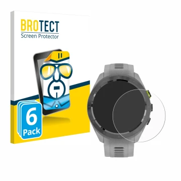 Face avant d’un emballage produit avec le logo de la marque BROTECT. À côté, l’appareil Garmin Approach S70 (42 mm) est représ