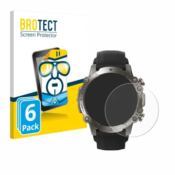 Face avant d’un emballage produit avec le logo de la marque BROTECT. À côté, l’appareil Huami Amazfit Falcon est représenté av