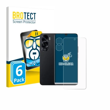 Face avant d’un emballage produit avec le logo de la marque BROTECT. À côté, l’appareil Honor 90 Lite (Avant+Caméra) est repré