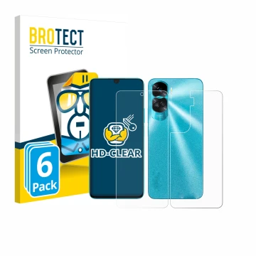 Face avant d’un emballage produit avec le logo de la marque BROTECT. À côté, l’appareil Honor 90 Lite (Avant+Arrière) est repr