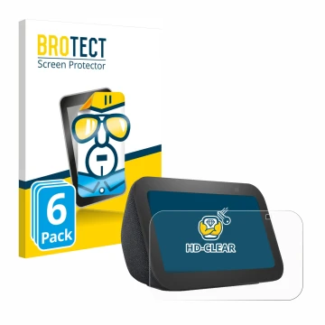 Face avant d’un emballage produit avec le logo de la marque BROTECT. À côté, l’appareil Amazon Echo Show 5 (3ème Gen.) est rep