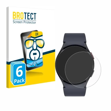 Face avant d’un emballage produit avec le logo de la marque BROTECT. À côté, l’appareil Samsung Galaxy Watch 6 (40 mm) est rep