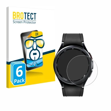 Face avant d’un emballage produit avec le logo de la marque BROTECT. À côté, l’appareil Samsung Galaxy Watch 6 Classic (47 mm)