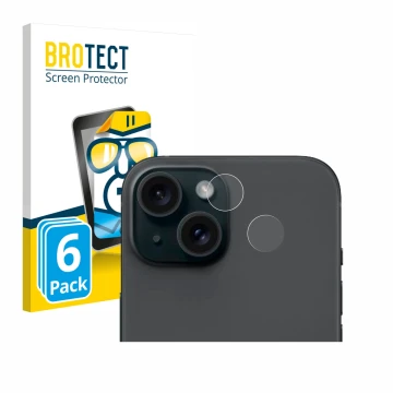 Face avant d’un emballage produit avec le logo de la marque BROTECT. À côté, l’appareil Apple iPhone 15 (Caméra UNIQUEMENT) es