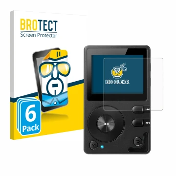 Face avant d’un emballage produit avec le logo de la marque BROTECT. À côté, l’appareil Hifi Walker H2 est représenté avec la 