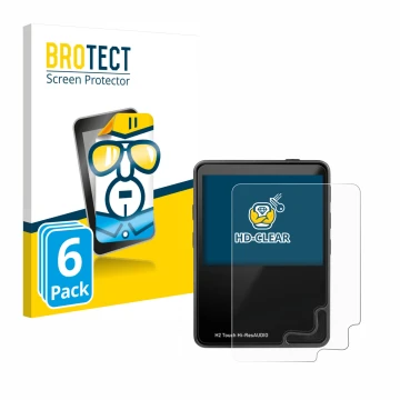 Face avant d’un emballage produit avec le logo de la marque BROTECT. À côté, l’appareil HifiWalker H2 touch est représenté ave