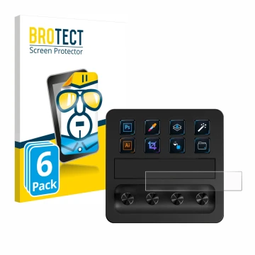 Face avant d’un emballage produit avec le logo de la marque BROTECT. À côté, l’appareil Elgato Stream Deck + est représenté av