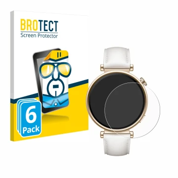 Face avant d’un emballage produit avec le logo de la marque BROTECT. À côté, l’appareil Huawei Watch GT 4 (41mm) est représent