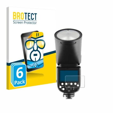 Face avant d’un emballage produit avec le logo de la marque BROTECT. À côté, l’appareil Godox V1 est représenté avec la protec