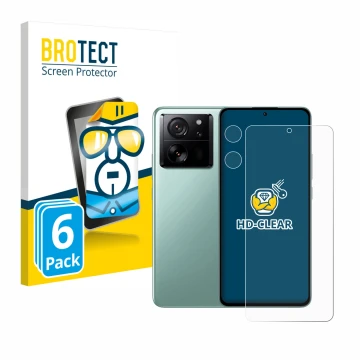 Face avant d’un emballage produit avec le logo de la marque BROTECT. À côté, l’appareil Xiaomi 13T Pro (Avant+Caméra) est repr