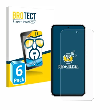 Face avant d’un emballage produit avec le logo de la marque BROTECT. À côté, l’appareil Samsung Galaxy S23 FE est représenté a