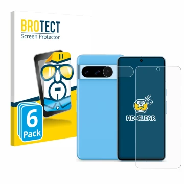 Face avant d’un emballage produit avec le logo de la marque BROTECT. À côté, l’appareil Google Pixel 8 Pro (Avant+Caméra) est 