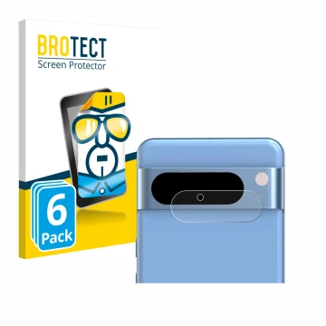 Face avant d’un emballage produit avec le logo de la marque BROTECT. À côté, l’appareil Google Pixel 8 Pro (Caméra UNIQUEMENT)